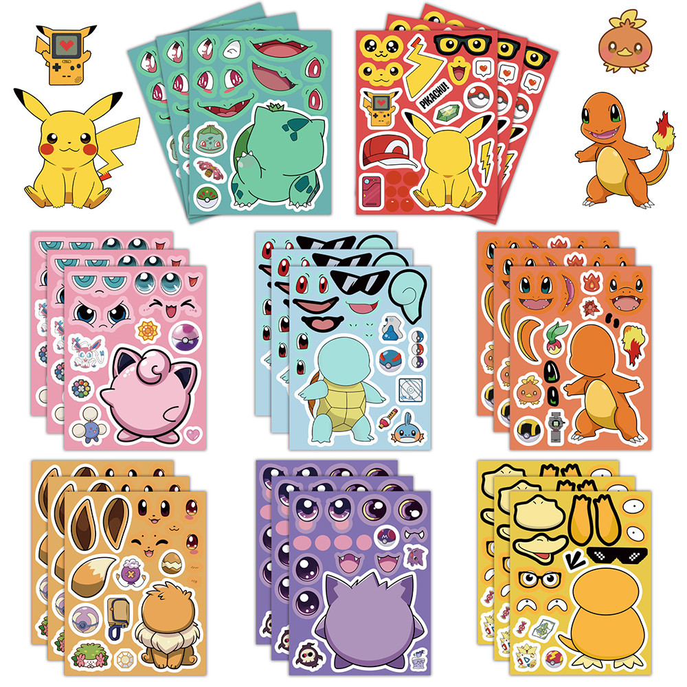

8/16Sheets Anime Pokemon Make a Face Puzzle Stickers Children Cartoon DIY Funny Assemble Jigsaw Decals Kids Toys Party Gift