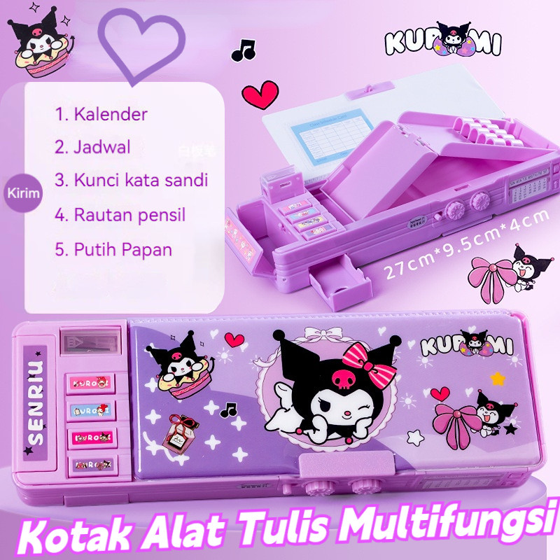 

（In Stock) Gaya Baru Kuromi Kotak Alat Tulis Multifungsi Kunci Kode Perempuan Pensil Sanrio Dua Sisi Bernilai Tinggi Kapasitas Besar