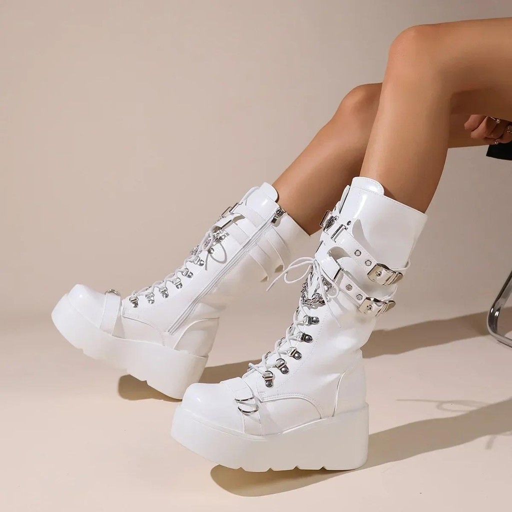 Platform Boots Riveted Buckle Wedges High Women's Boots Punk Spice Chic Biker Rider Boots