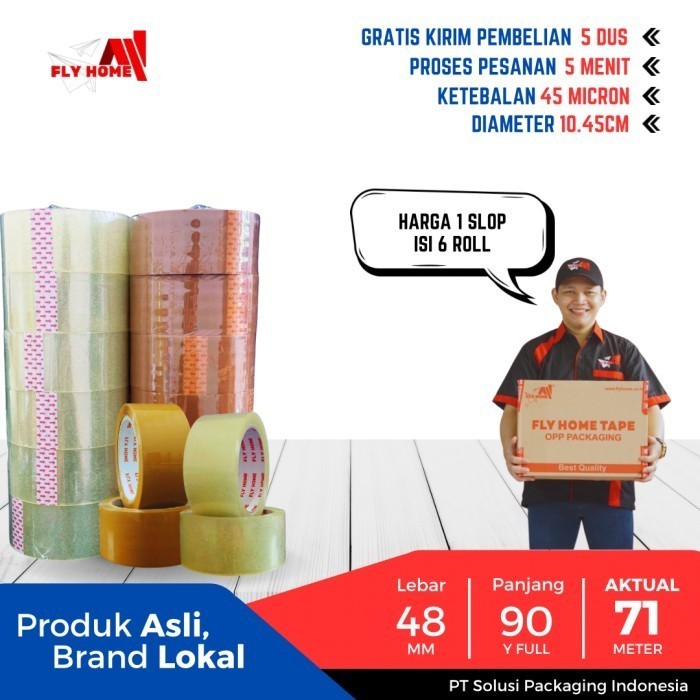 

FLYHOME Lakban bening coklat 48x90yard 6roll ukuran FULL 71M