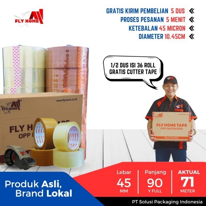 

FLYHOME Lakban bening coklat 45x90yard 2inchi 36roll ukuran FULL 71M 1/2 DUS