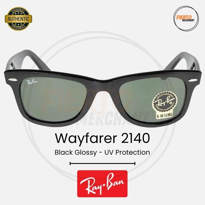 Kacamata Rayban Wayfarer 2140 Ori/Original Black Glossy Sunglasses Hitam Anti UV Protection