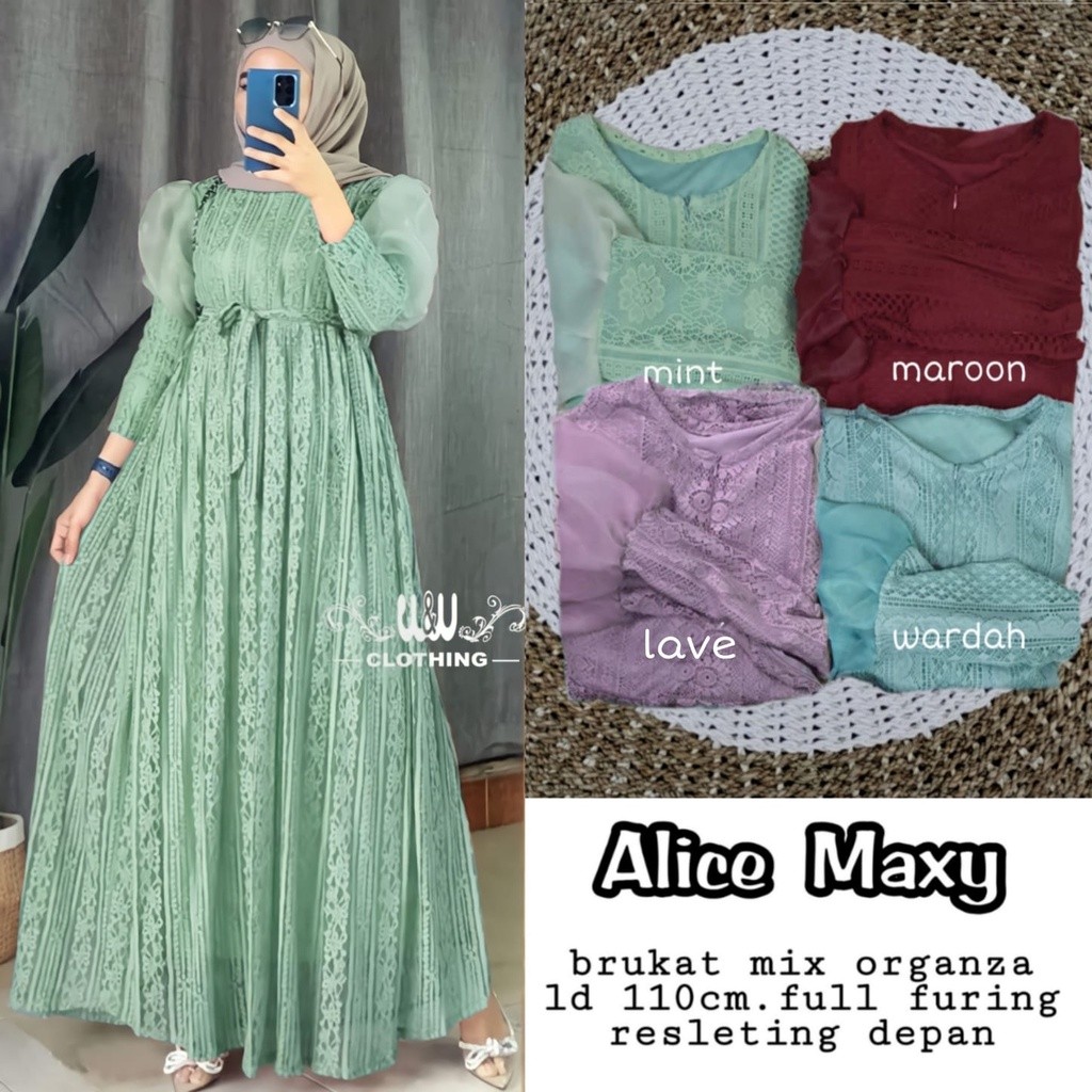 Dress Muslim Alice Maxy Brukat Mix Organza Ful Furing Kondangan Gamis Muslimah Remaja Polos Baju Leb
