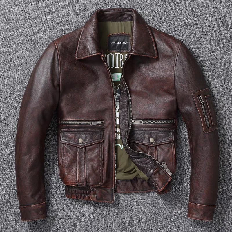 New Men's Genuine Leather Jacket Vintage Stone Milled Top Layer Cowhide Bomber Jacket A2 Brown Men's