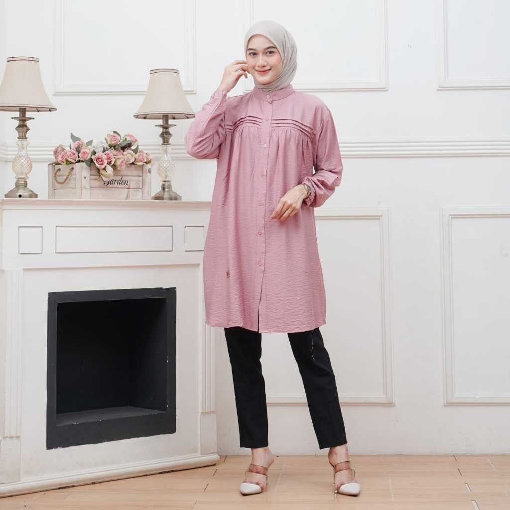 (LD 110-130) Naura Long Tunik Baju Atasan Wanita Tunic Katun Polo Linen Premium Fashion Muslim Lebar
