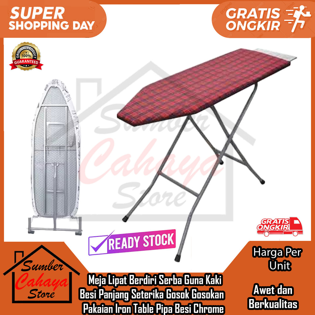 Meja Lipat Setrika Berdiri Pipa Besi Chrome Putih Serba Guna Kaki Besi Panjang Seterika Gosok Gosoka