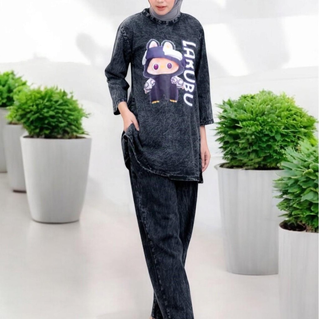 Baju Gamis Casual Wanita Dewasa Model Setelan Dress Labubu Ungu Viral Terlaris Jeans Denim Black San
