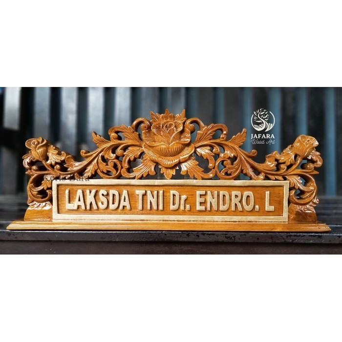 

papan nama meja ukiran kayu jati kembang bunga custom KB12134