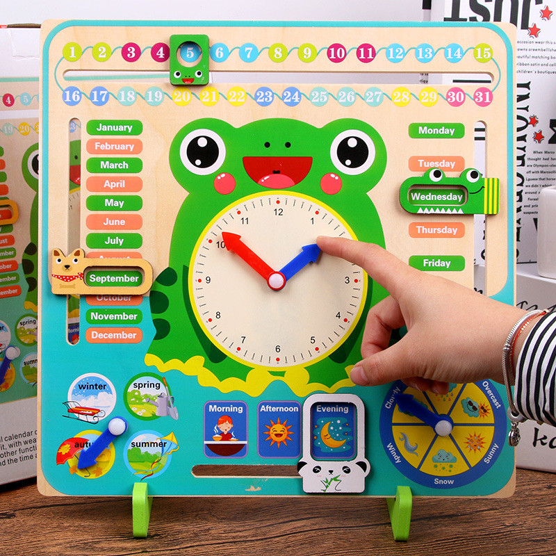 

Cartoon Wooden Frog Calendar Clock Set Children Wood Calendar Time Cognitive Matching Toys Kids Early Learning Education Toys