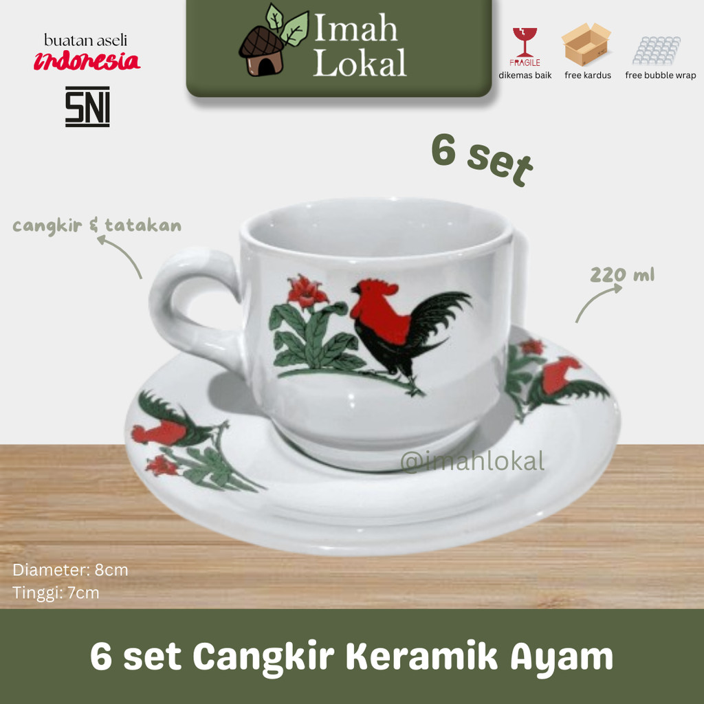 Cangkir Set Ayam 6pcs Keramik Lucky Gelas Minum Kopi Teh + Pisin / Tatakan - Ayam