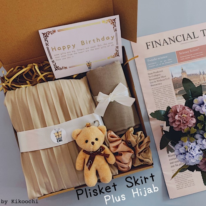 

[Best Seller] Kikoochi Moe- Hadiah Kado Ulang Tahun Wanita Rok Plisket Hijab Hampers - Cokelat Muda