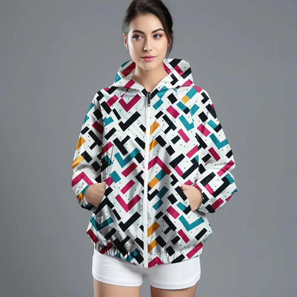LSC82 CJK Jaket Olahraga Parasut Wanita Waterproof Motif "colorful tetris" warna warni