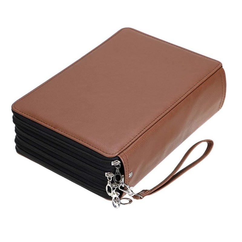 

200 slot color pencil case-luxury PU leather pencil case strap removable handle pencil case large size for color pencils waterco