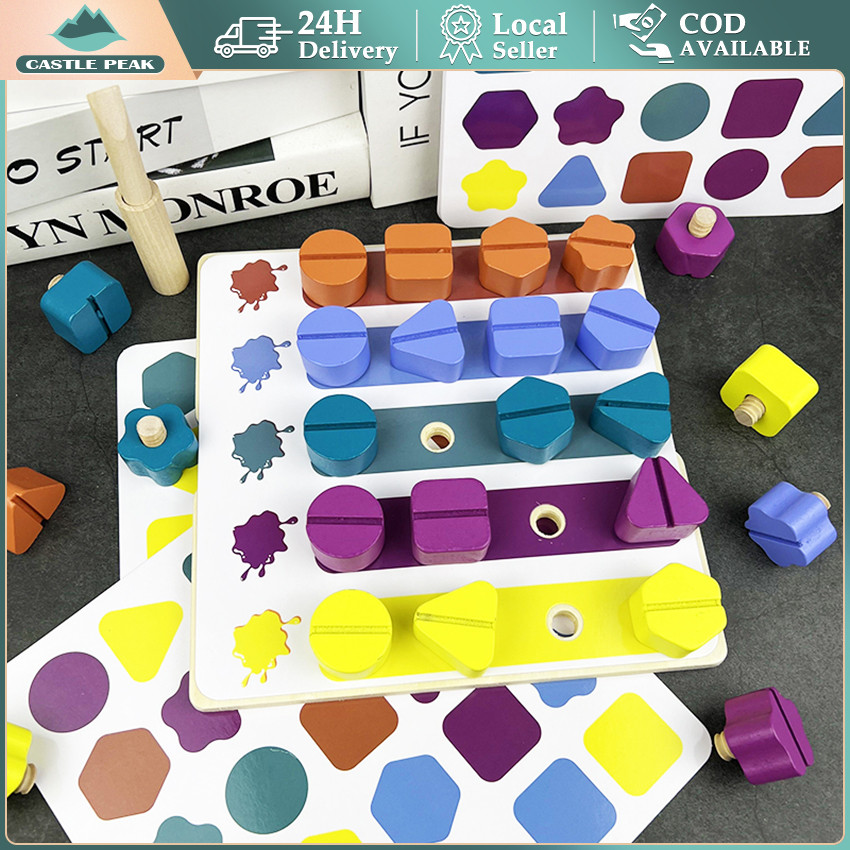 Sekrup Kayu Kacang Bongkar Papan Bentuk Warna Blok Bangunan Mainan Pendidikan Untuk Anak