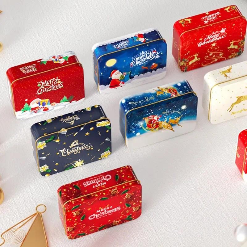 

Square Christmas Tinplate Box Empty Cookie Candy Tin Box Santa Claus Gift Boxes Jewelry Storage Iron Can Wedding Party Decor ﻿