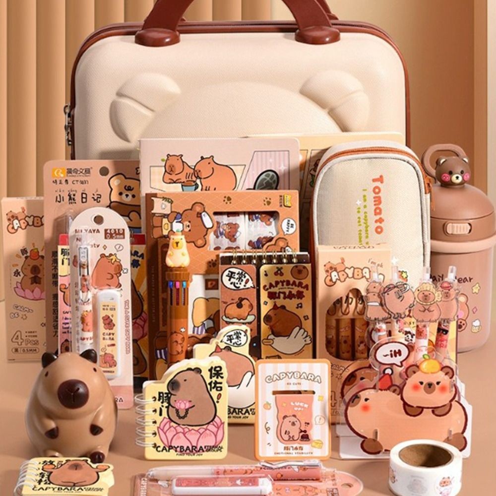 

Cute Capybara Stationery Set High-Quality Durable School Supplies Notebook Stickers Ruler, Pencil Pen Case Kawaii