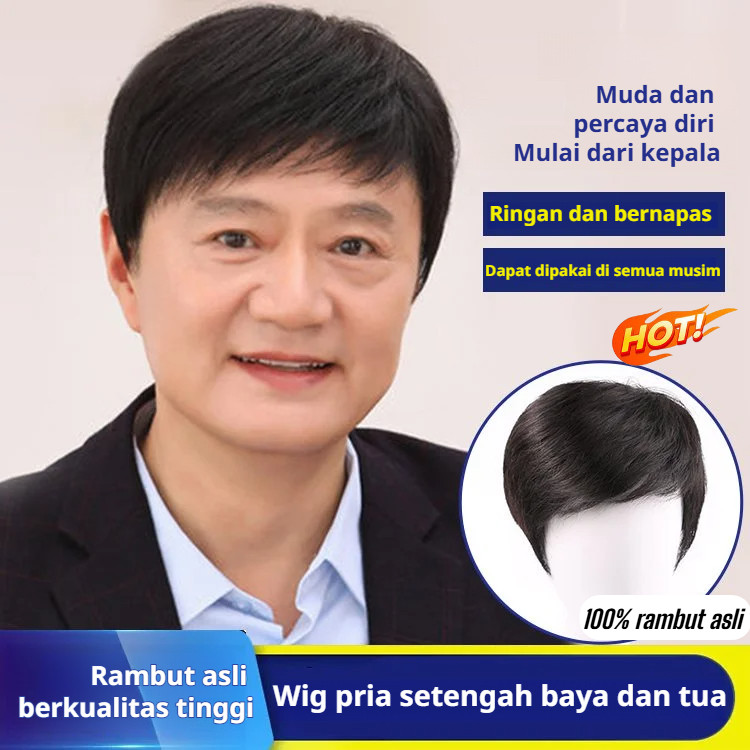 【100% rambut asli/Tidak mudah rontok】rambut wig rambut pendek rambut asli/Wig Pria Pendek Belah Teng
