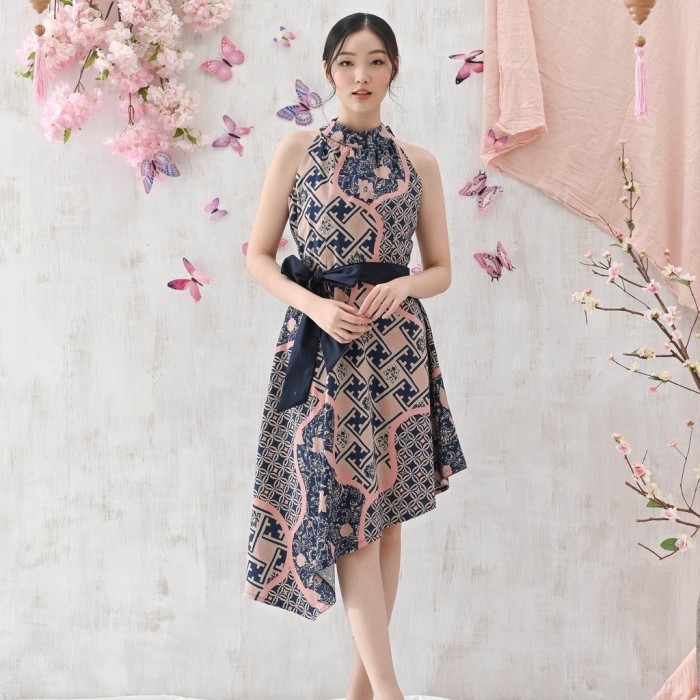 Dress Batik Wanita Modern / Dres Pesta Kondangan Couple Pink Navy - Standar