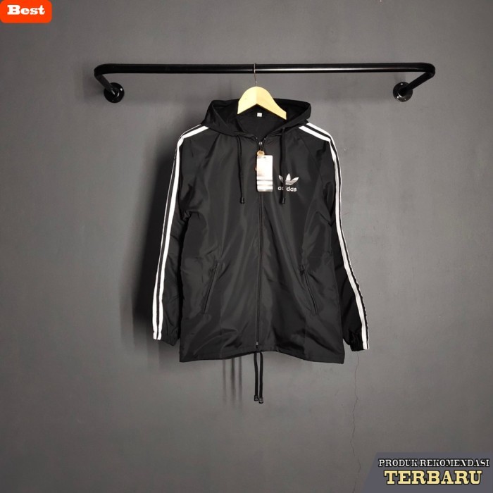 hoodie pria keren Jaket Pria Parasut Adidas Windbteaker Hitam List Putih XL XXL - Jaket Parsut Jumbo
