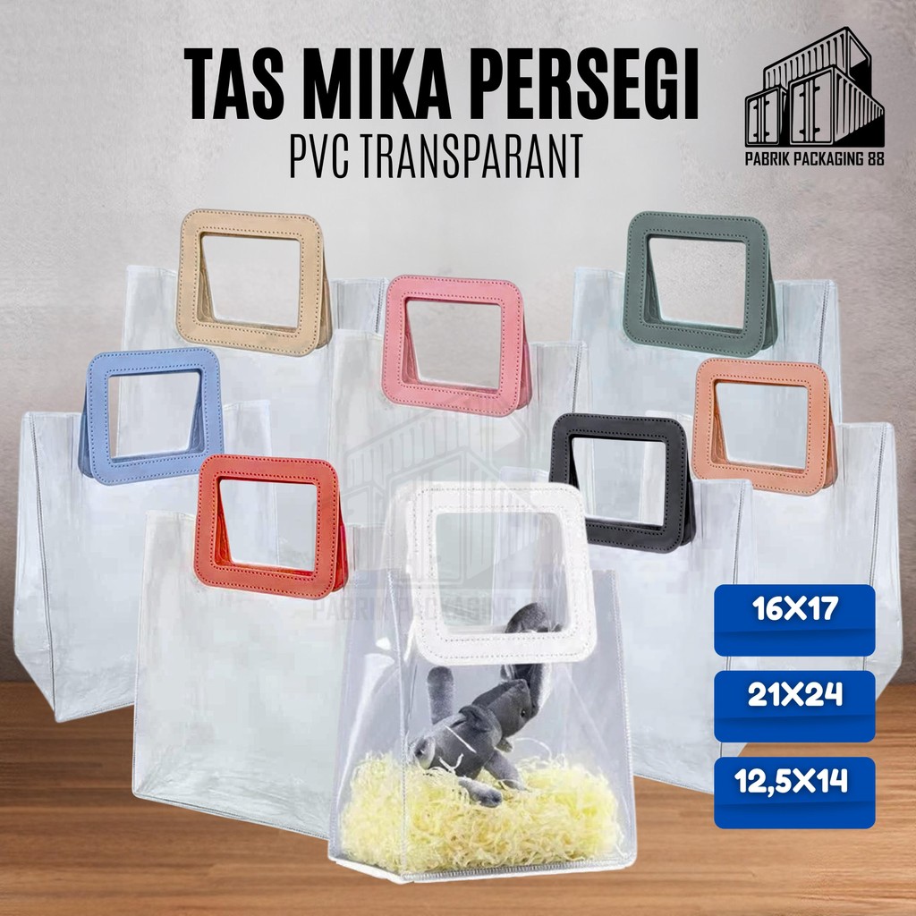 

Tas Mika PVC Transparan Handle Persegi Kulit Leather Goodie Bag Kantong Souvenir Hampers Aksesoris Ulang Tahun Lebaran Aneka Warna Pegangan Premium