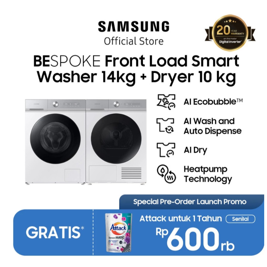 Samsung Mesin Cuci BESPOKE Front Load Washer 14kg + Dryer 10kg with AI Technology