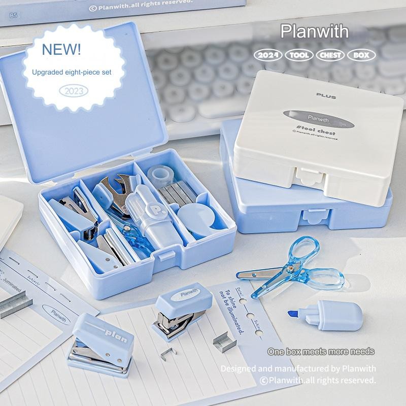 

1pcs Cute Stapler Chest for Scrapbooking, White/Blue Kids Novelty Hand Tool Set Tiny Homehold Office Stationery Child Travel Kit