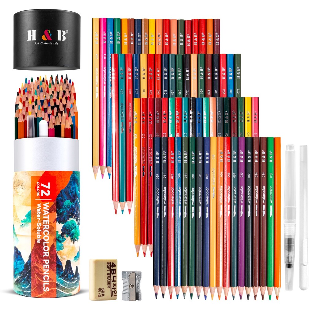 

H& B Watercolor Pencil Set 72 Coloured Water Soluble Sketching with Brush Pen For Kids Adults Beginners