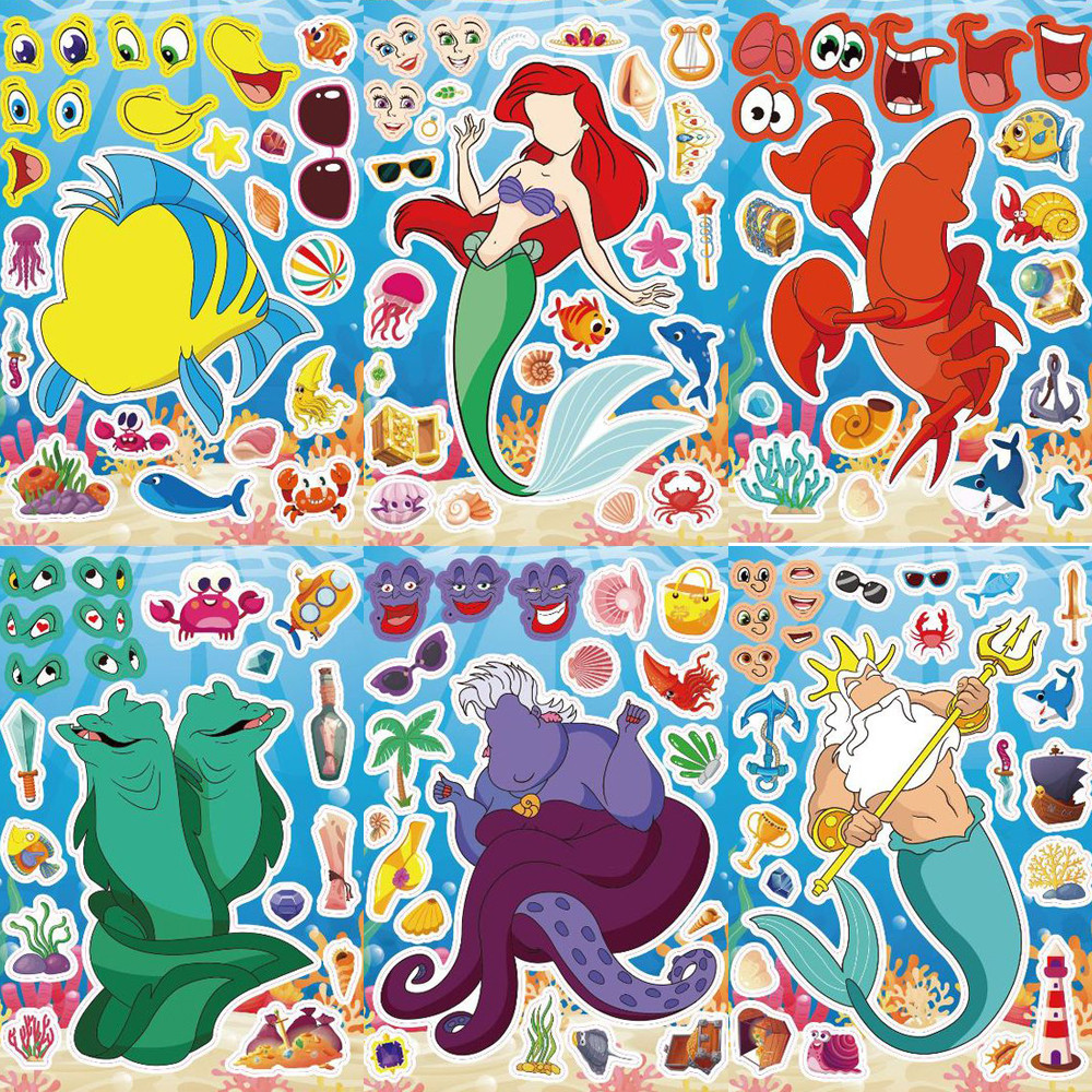 

8/16Sheets Make Your Own Disney The Little Mermaid Stickers For Kids Make a Face Jigsaw Girls Puzzle Sticker DIY Party Favor