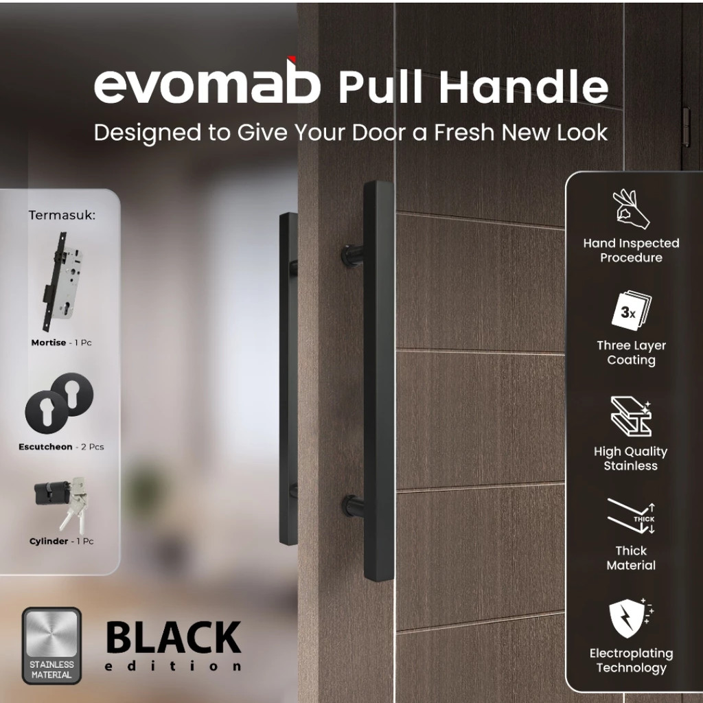 evomab Gagang Pintu Rumah Baut Tembus Pull Handle Minimalis Hitam