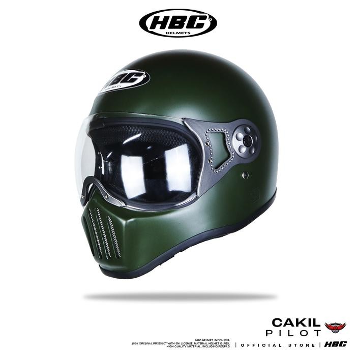Helm HBC Cakil Pilot SOLID Helm Retro Full Face SNI - ARMY DOFF