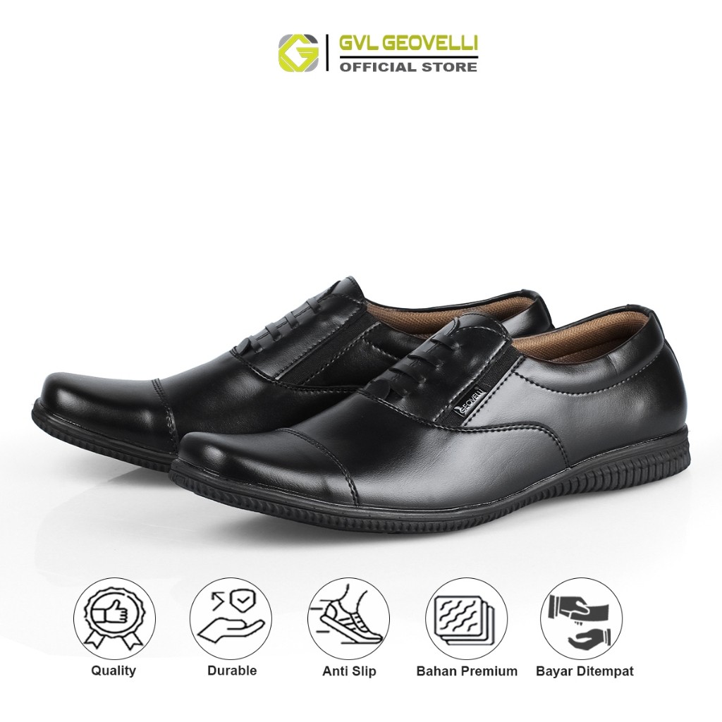 terbaru GVL Geovelli G1942 Oxford Full Black - Sepatu Pantopel Kasual Kerja Kantor Kulit Hitam