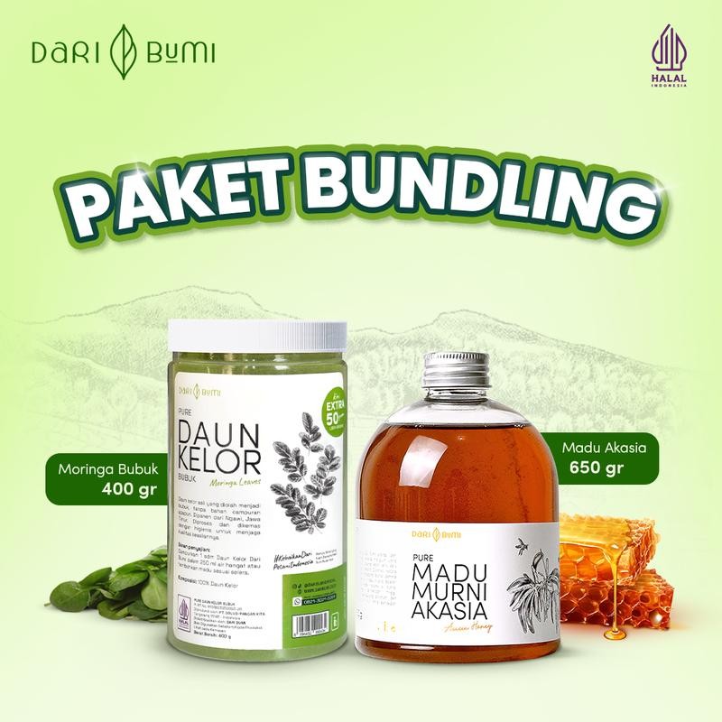 

Dari Bumi Paket Bundling Daun Kelor Moringa Bubuk 450 Gram Dan Madu Murni Akasia