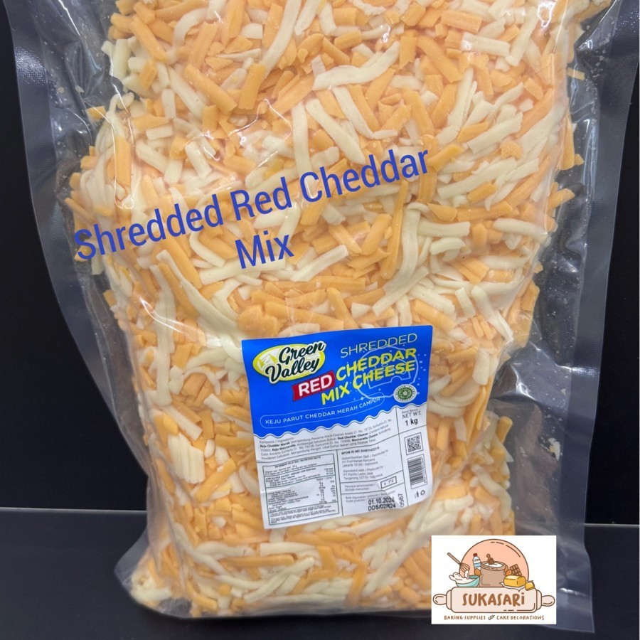 

Green Valley Shredded Red cheddar Mix Cheese 1kg pack keju Orange yellow mix