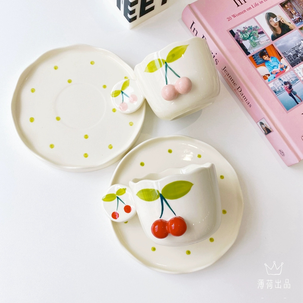 CHERRY CUP & SAUCER/Aesthetic Korean Style Tea Cup/Cangkir Teh Vintage/Cangkir Teh Mewah Premium/Set