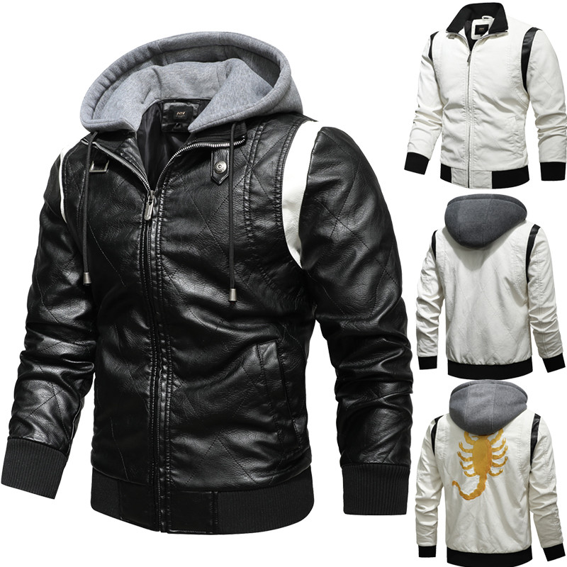 Autumn Winter Bomber Leather Jacket Men Scorpion Embroidery Hooded Jacket PU Leather Motorcycle Mens