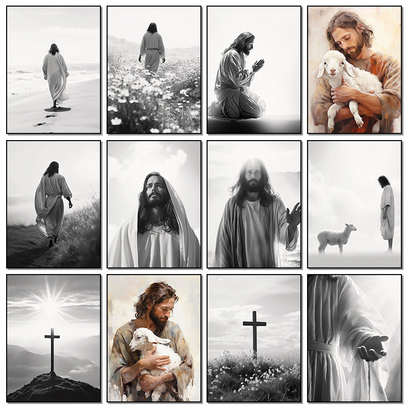 

Black and White Jesus Faith Cross on Hill Poster Print Canvas Painting Modern Religious Wall Art HD Picture for Room Home Decor