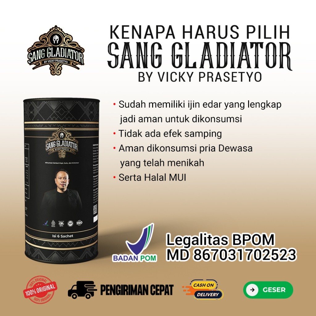 

Sang Gladiator by Vicky Prasetyo Kopi Pilihan Pria Idaman - Halal & Bpom - 1 Pack isi 6 Sachet