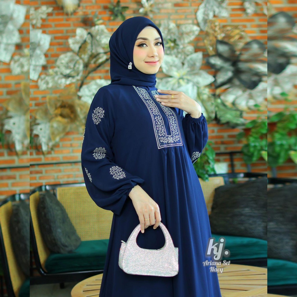 Khadijah Mode - Gamis Ariana Set Hijab Bordir Busana Muslim Wanita - Remaja, Mewah, Syari, Lebaran