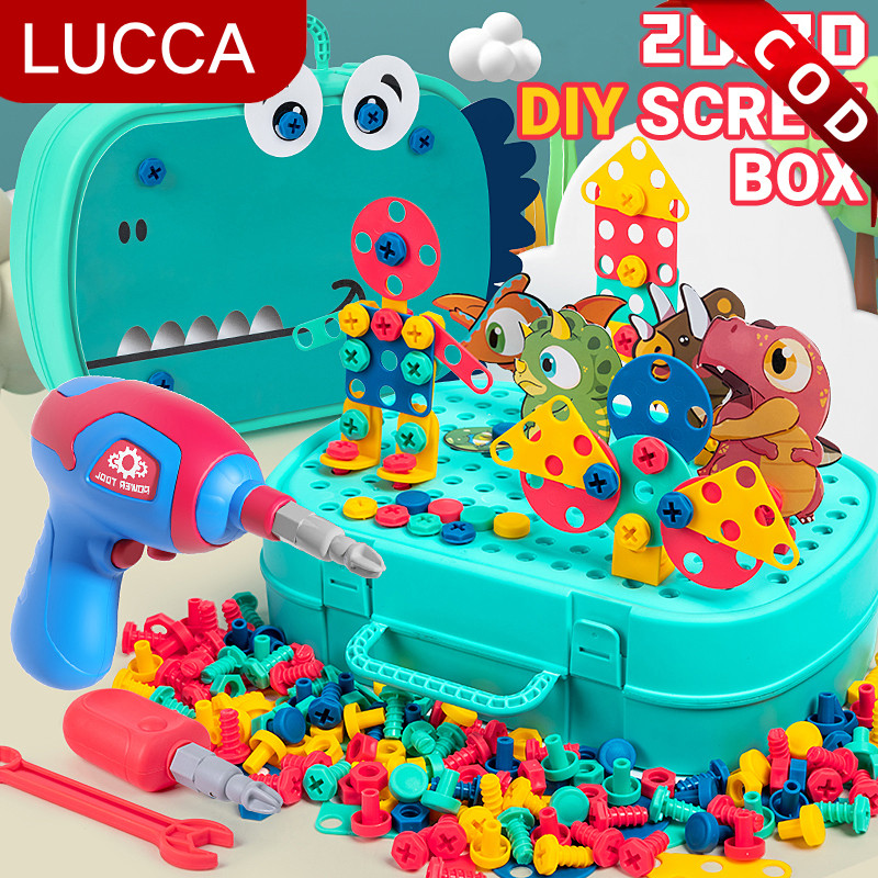 GH45RF Mainan Anak Tool Box Set 224pcs DIY 3D Kotak Sekrup Bangunan Mainan Edukasi dengan Bor Listri