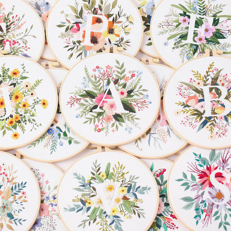 

Floral Embroidery Kit for Beginner and Adults Cross Stitch Kits Embroidery Starter Kit with Initial Letter and Flower Pattern