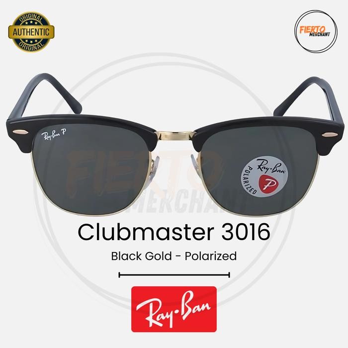 Kacamata Rāybān 3016 Clubmaster/Club Master Ori/Original Black Gold Sunglasses Polarized Anti Silau&