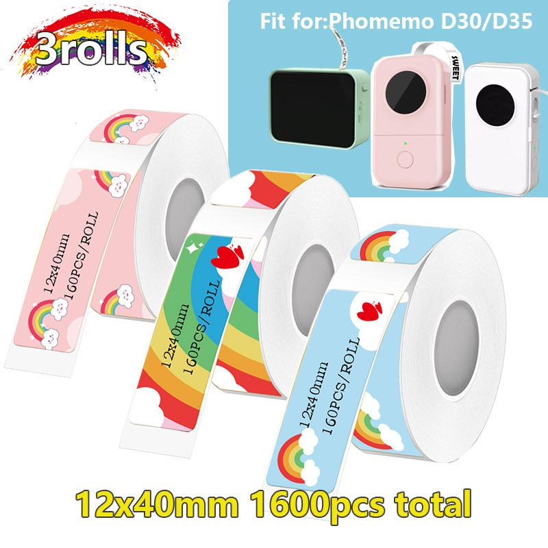 

3 Roll Cartoon Thermal Label paper 12mmx40mm fit for Phomemo D30 marklife p12/p15 colorful thermal label sticker for name tag