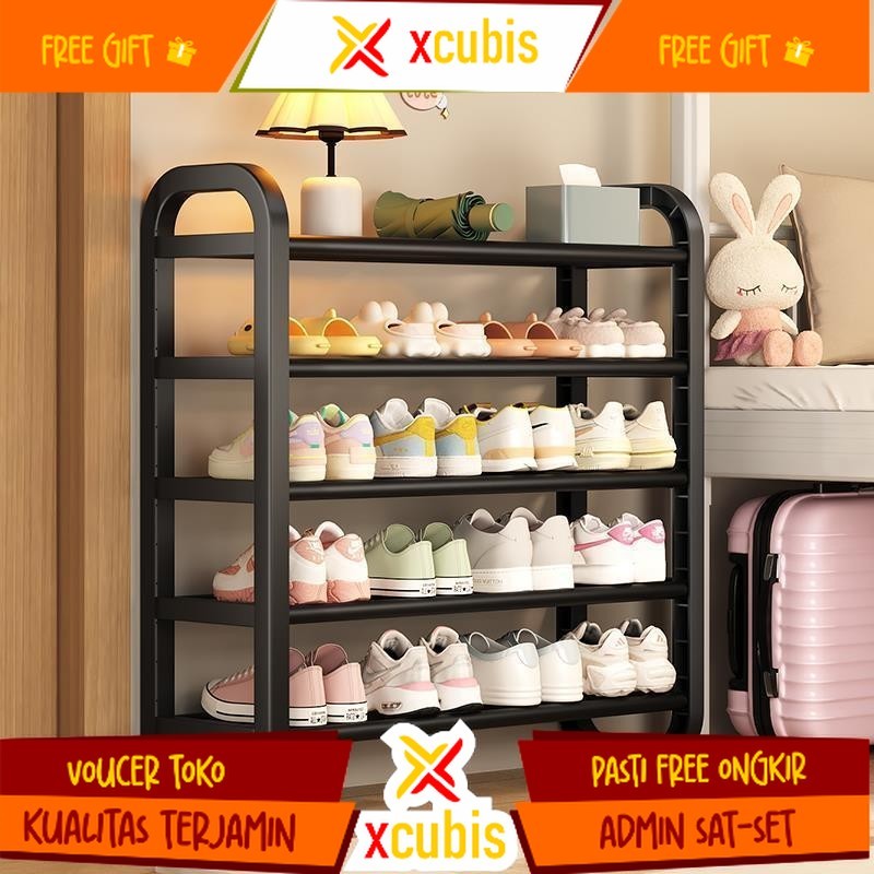 Rak Sepatu Besi Kuat Tebal  Stainless Serbaguna Rak Minimalis 4/5 Susun Hitam Bertingkat Rak Susun S