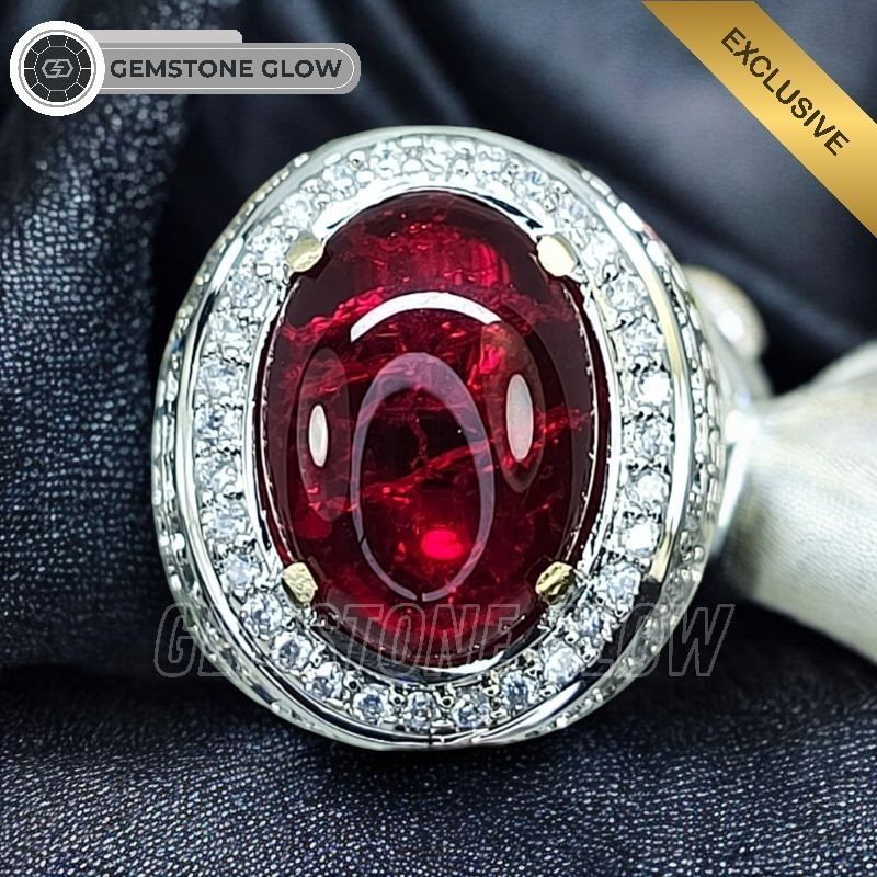CINCIN PRIA PERMATA MERAH SIAM | PECAH SERIBU OVAL CABOCHON RING MICROSET FULL ZIRCON | SEMI PERAK E
