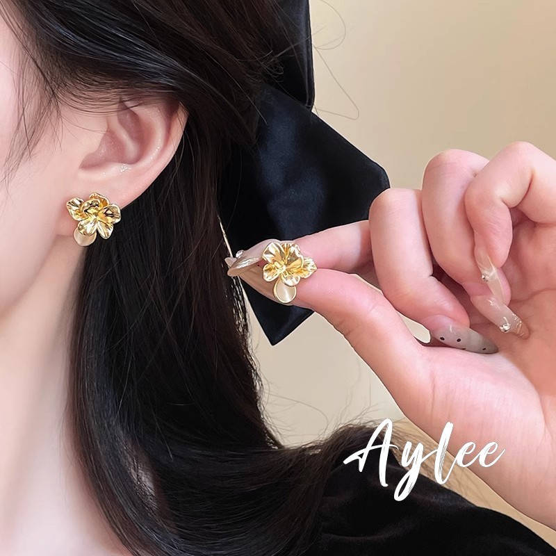 [Aylee]Anting Kucing Mata Kucing Bunga Emas Pengaturan Batu Mata Kucing untuk Anting Paduan Siswa Wa