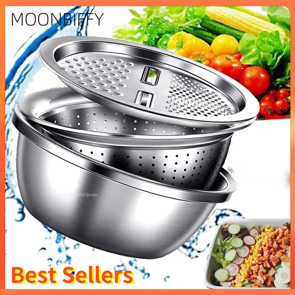 

Kitchen Multipurpose Grater with Drain Basket 3 In 1 Multifunctional Stainless Steel Basin Vegetable Cutter Salad Maker Bowl