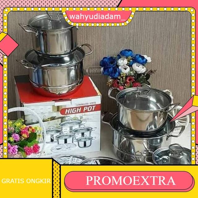 PANCI SET HIGH POT isi 5 / panci set steamer + tutup kaca / 5 in 1 set panci stainless tutup kaca