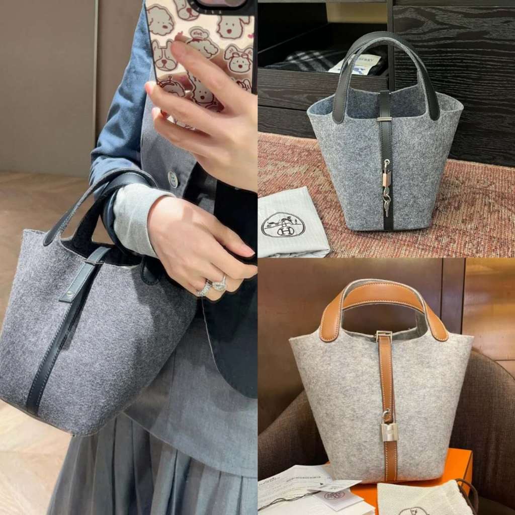 Pre Order HH keranjang Sayur Berbahan Wol Hermes Dengan Lapisan Kulit Sapi Dari Kulit Kepala Swif  T