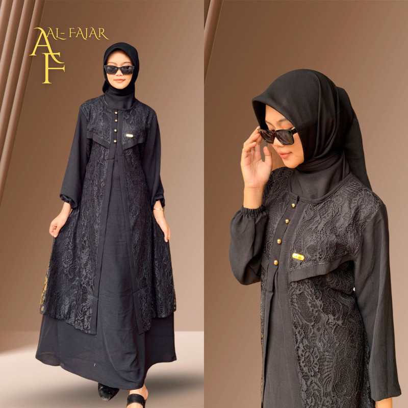 BEST SELLER AZIZAH DRESS - Gamis Crinkle Airflow Mix Brokat Mewah Dress Pesta Busui Kondangan Size M