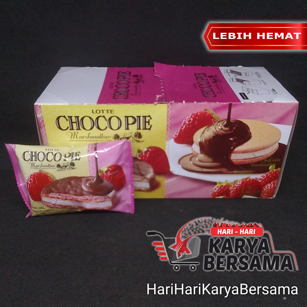 

MAKANAN RINGAN BISKUIT LOTTE CHOCOPIE MARSHMALLOW STRAWBERRY BOX ISI 12'S X 26GR